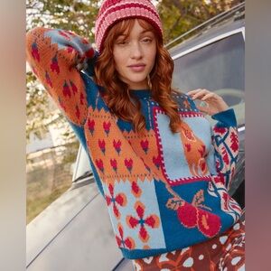 Women’s Round Neck Graphic Patchy Knitted Long Sleeve Dog/mushroom Sweater